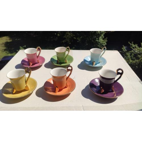 * French Vintage Genevieve Lethu Set of 6 Espresso Cups &amp; Saucers With Gold Accents