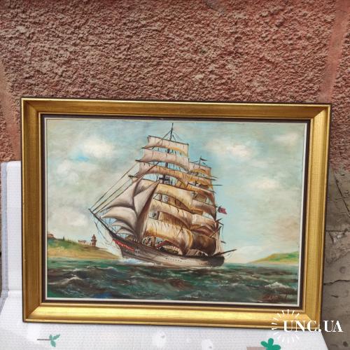 * винтажная  Картина холст масло Германия - парусник корабль 60 х 80 см