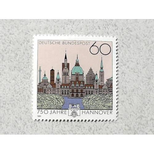  Поштова марка Німеччина ФРН " 750 років місту Ганновер " 1991 рік **