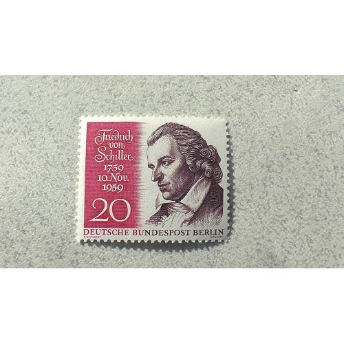   Поштова марка Німеччина Західний Берлін " 200-річчя з дня рождення Ф. Шіллєра " 1959 рік **  