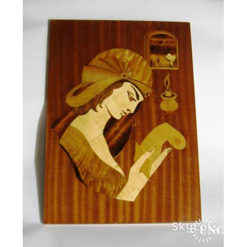 Картина Художественная мозайка Девушка со свитком Из редких ценных пород дерева СССР