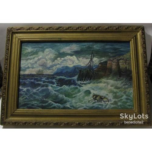 Старинная картина Масло холст Море Шторм