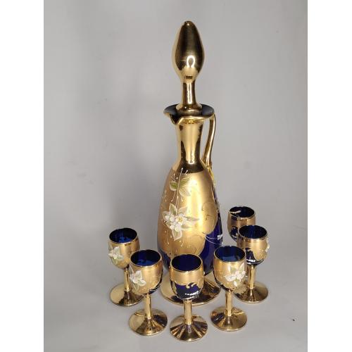 Колекційний графін з лікерними чарками зі кобальтового скла, позолота 24 К, емаль, Bohemia