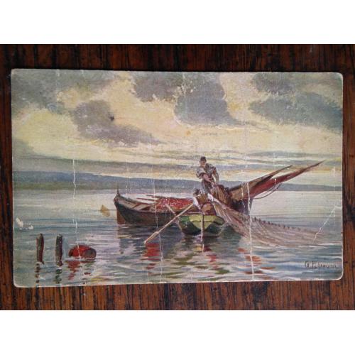 G. Fuhrmann. Fisherman pulling nets boat. Вид. ASM (Alfred Seyboldt Munich, Germany). Serie 504.