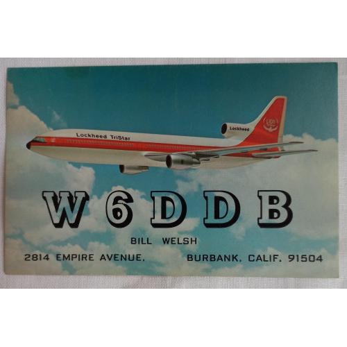 Почтовая карточка.  Новый  лайнер Lockheed TriStar  L-1011. QSL-карточка.  Бербанк, Калиф. США. 1980