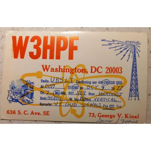 QSL-карт.   Позывной американца  среди рисованных картинок.   Вашингтон, Округ Колумбия, США. 1977.