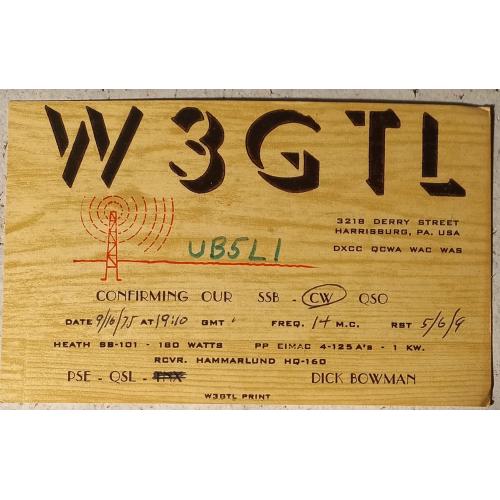  QSL-карточка.  Гаррисберг, Пенсильвания, США. 1975 г.
