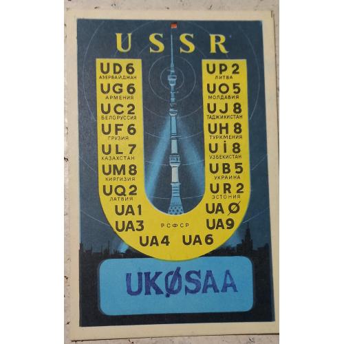 QSL-карточка. Изображены префиксы радиопозывных всех республик и территорий  СССР. 1984 г.