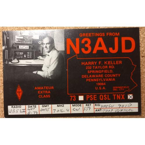 QSL-карточка.  На фото домашняя радиостанция любителя из США. Спрингфилд, Пенсильвания, США. 1979.
