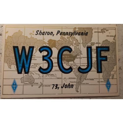 QSL-карточка  Позывной-сигнал американца на фоне карты мира. Пенсильвания, США. 1975г.