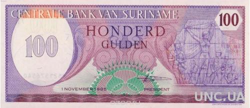 Суринам 100 гульденов 1985 г «Военный переворот» UNC

