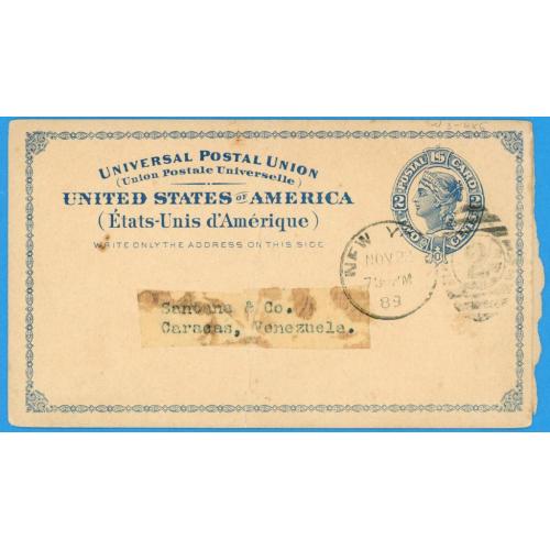 1889 США Листівка Почтовая карточка Нью-Йорк - Каракас Венесуела