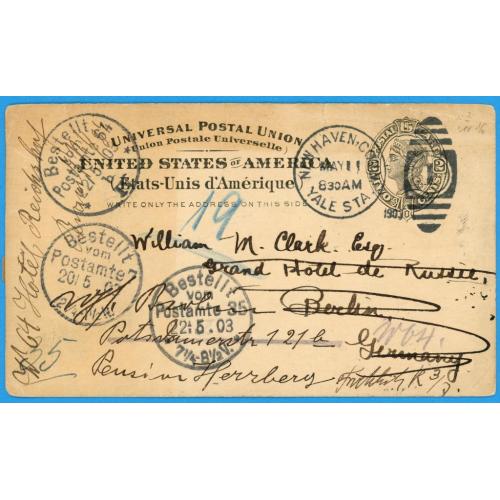 1903 США  Листівка почтовая карточка Нью-Хейвен-Берлін Берлин