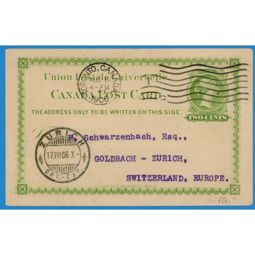 1906 литівка почтовая карточка Канада Торонто- Цюрих Швейцарія