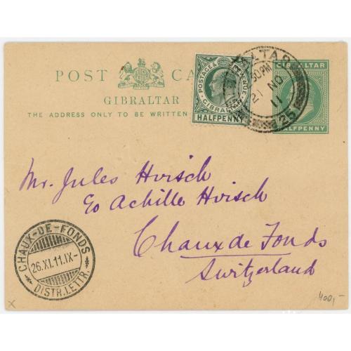 1911 Гібралтар Гибралтар листівка почтовая карточка адресована в  Ла Шо-де-Фон Швейцарія