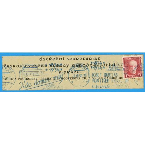 1934 Чехословаччина Чехословакия  Вирізка з поштового конверта марка Мі 297