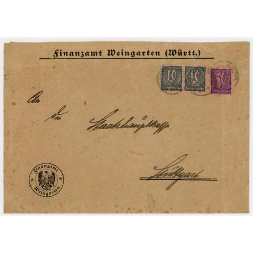 Конверт поштове відправлення Німеччина Германия Вайнгартен (Вюртемберг)-Штутгарт службові марки 1921