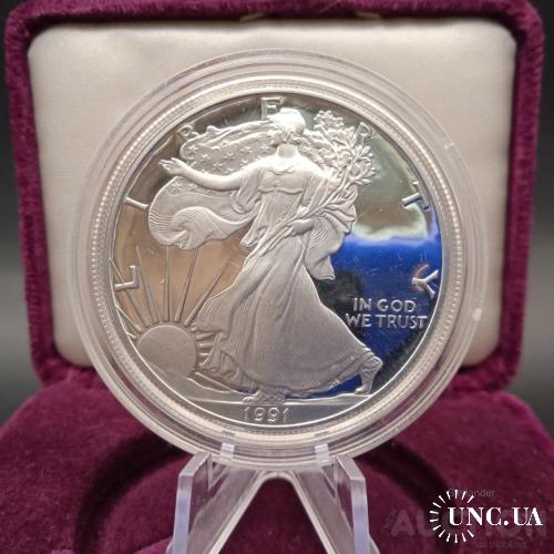Американський срібний орел США 1 долар 1991 S / 1 унція срібло Ag 999 Пруф Крокуюча Свобода