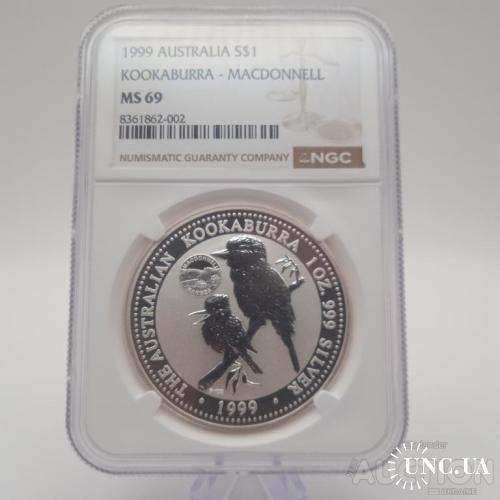 Кукабара 1999 з позначкою MacDonnell Ranges / Австралія 1 долар / срібло Ag 999 слаб NGС грейд MS 69