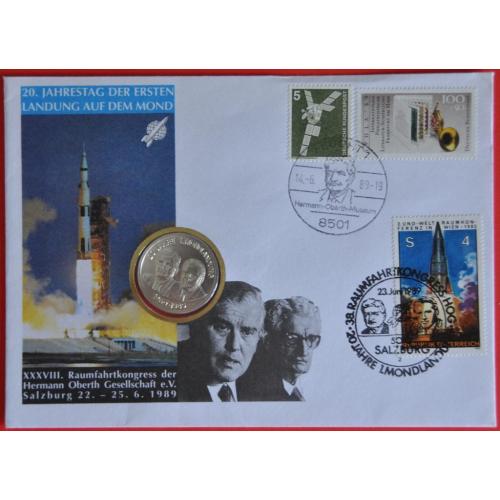 ФРГ Австрия Космос 20 лет Аполло-11 1989 Конверт с медалью