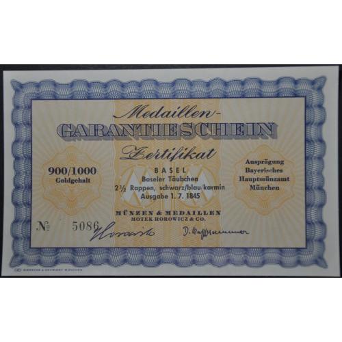 ФРГ Сертификат для золотой монеты-репринта почтовой марки Кантон Базель-Штадт 1845 года